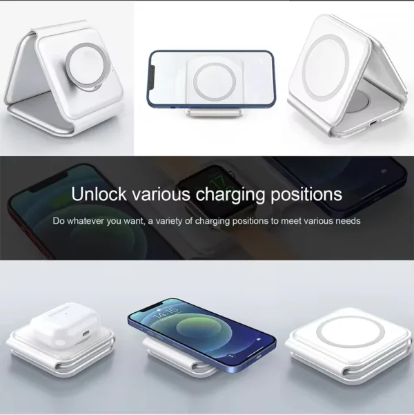 NEW 3 in 1 Wireless Charger Magnetic Foldable Charging Station Travel Charger in White - Image 3