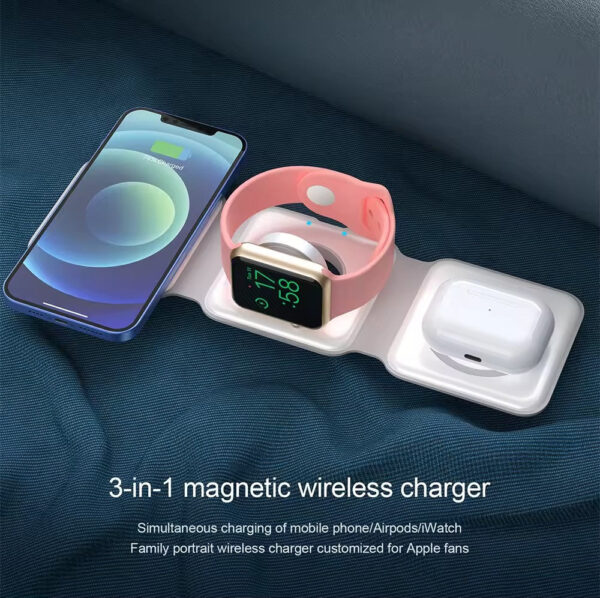 NEW 3 in 1 Wireless Charger Magnetic Foldable Charging Station Travel Charger in White - Image 5